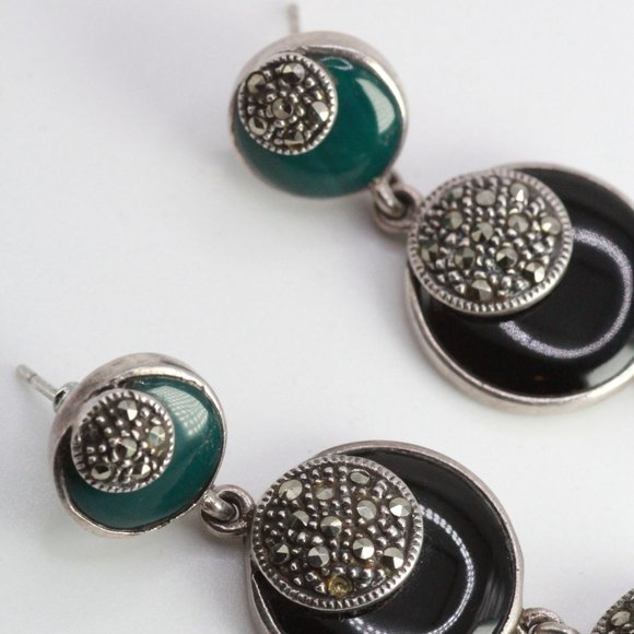 STERLING SILVER DECO ONYX CHALCEDONY LONG EARRINGS - Picture 12 of 12